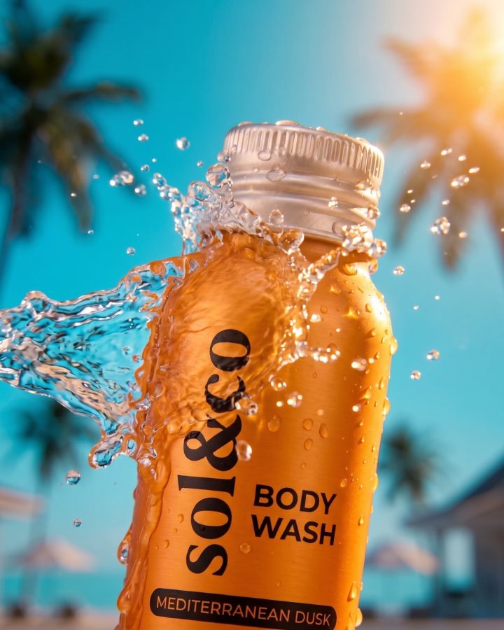 AI generated product photography for Sol&co body wash brand — splash motion frame