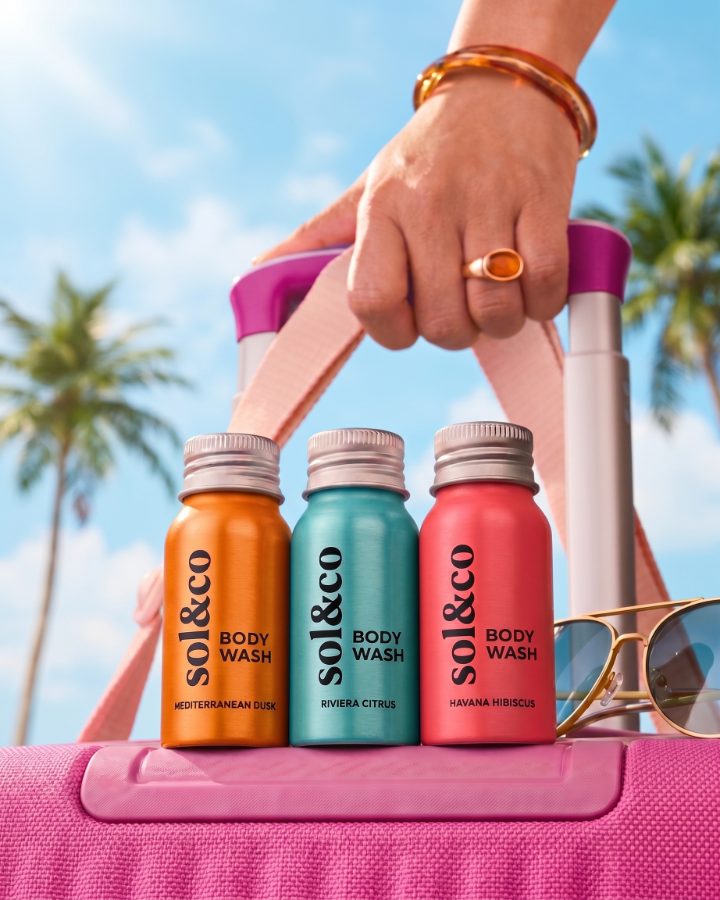 AI generated product photography for Sol&co body wash brand — travel set e-commerce visual