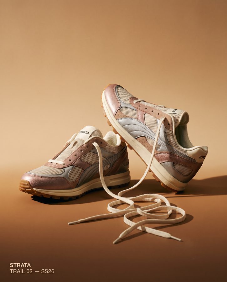 AI generated footwear ad concept for Strata Trail 02 sneaker brand — material flat lay