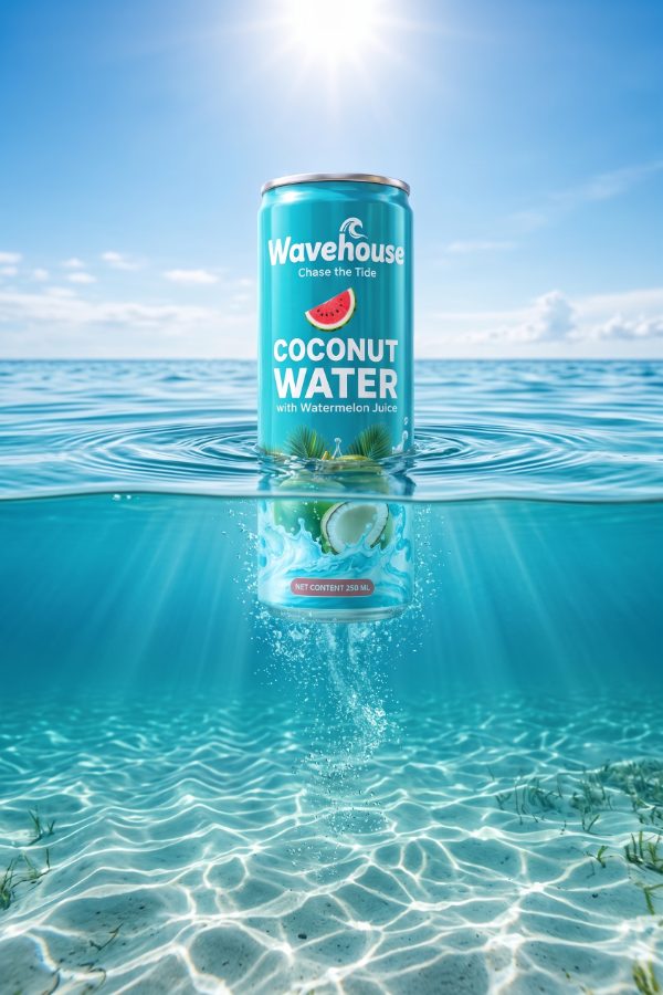 Beverage marketing visual for Wavehouse coconut water brand — beach net hero shot