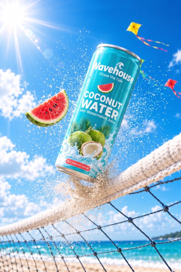 Beverage marketing visual for Wavehouse coconut water brand — split waterline shot