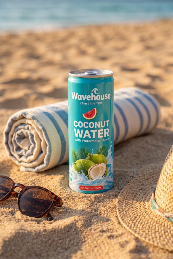 Beverage marketing visual for Wavehouse coconut water brand — towel and sand scene