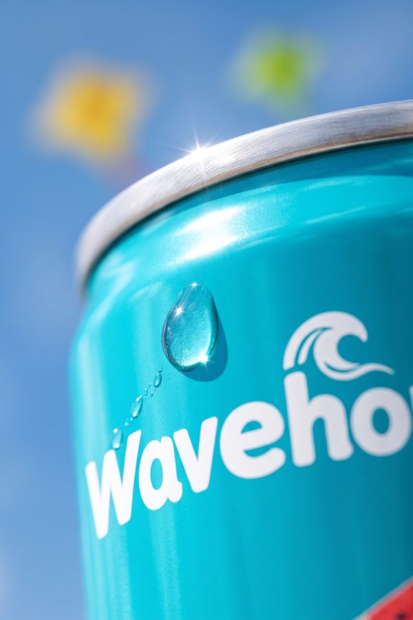 Beverage marketing visual for Wavehouse coconut water brand — droplet macro